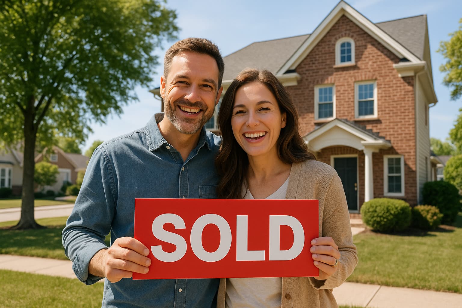 Happy couple with sold sign in front of their Pennsylvania home